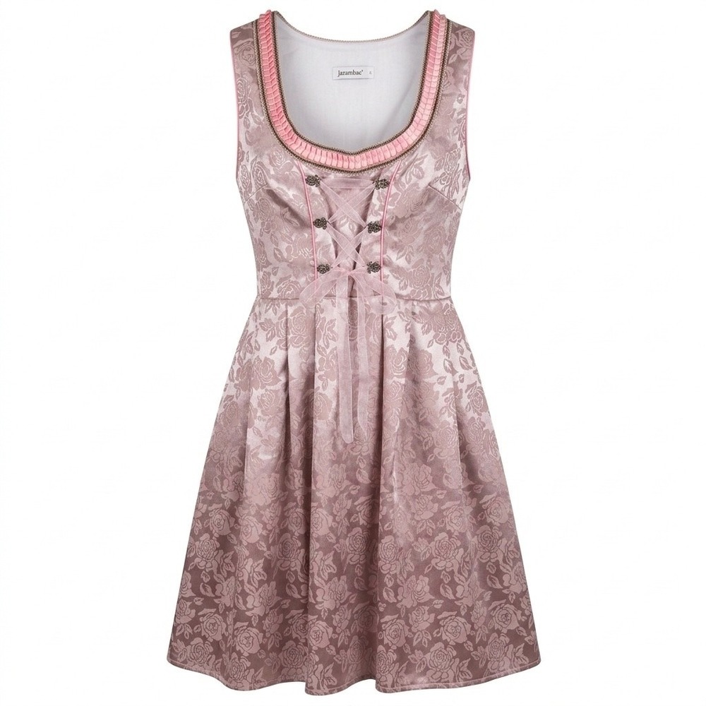 Jasambac Dirndl Dress Women's L Lace Up Floral Jacquard Pink Rose Fit Flare